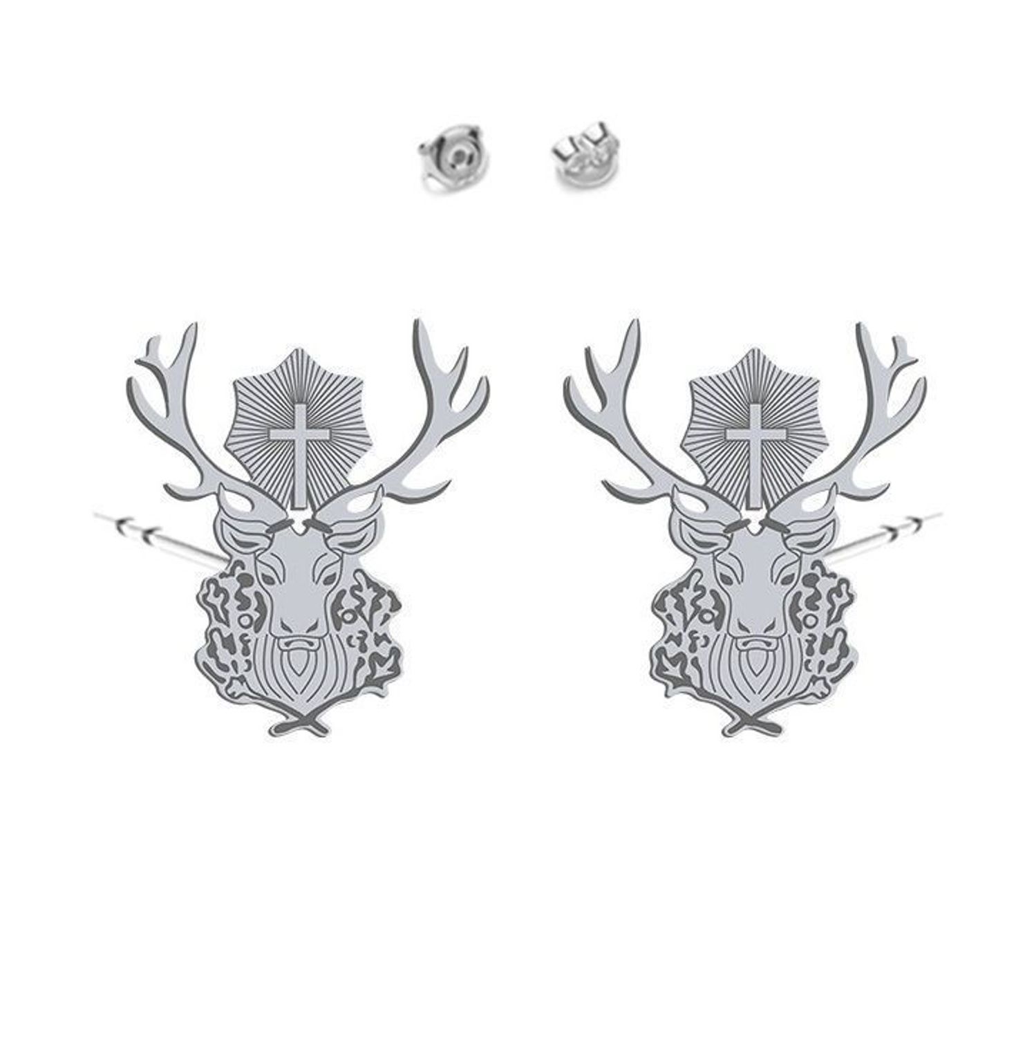 Srebrne kolczyki na sztyft 'Jeleń Św Huberta' KR R552-ROD.jpg